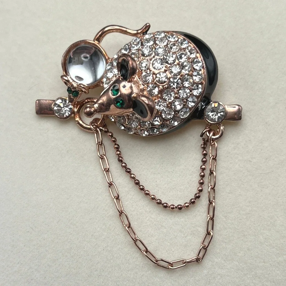 Rhinestone Mouse with Baby Brooch Rose Gold Clear Black Enamel Green Eyes Pin